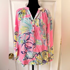 Lilly Pulitzer Elsa Blouse Pink Floral Smocked Neck Long Sleeve Size Small